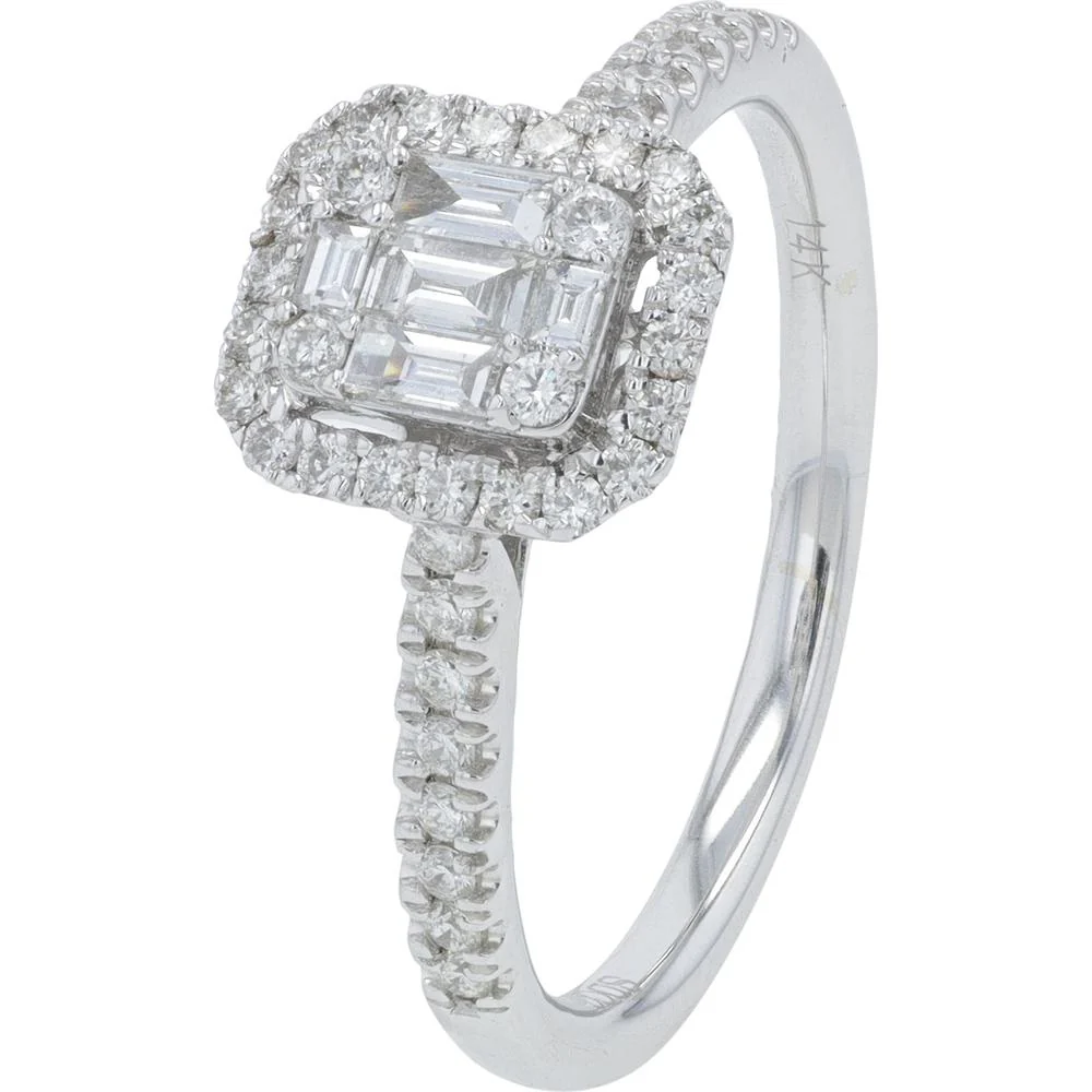 14K White Gold 0.50 Carat Total Weight Diamond Ring with Halo and Milgrain Detail