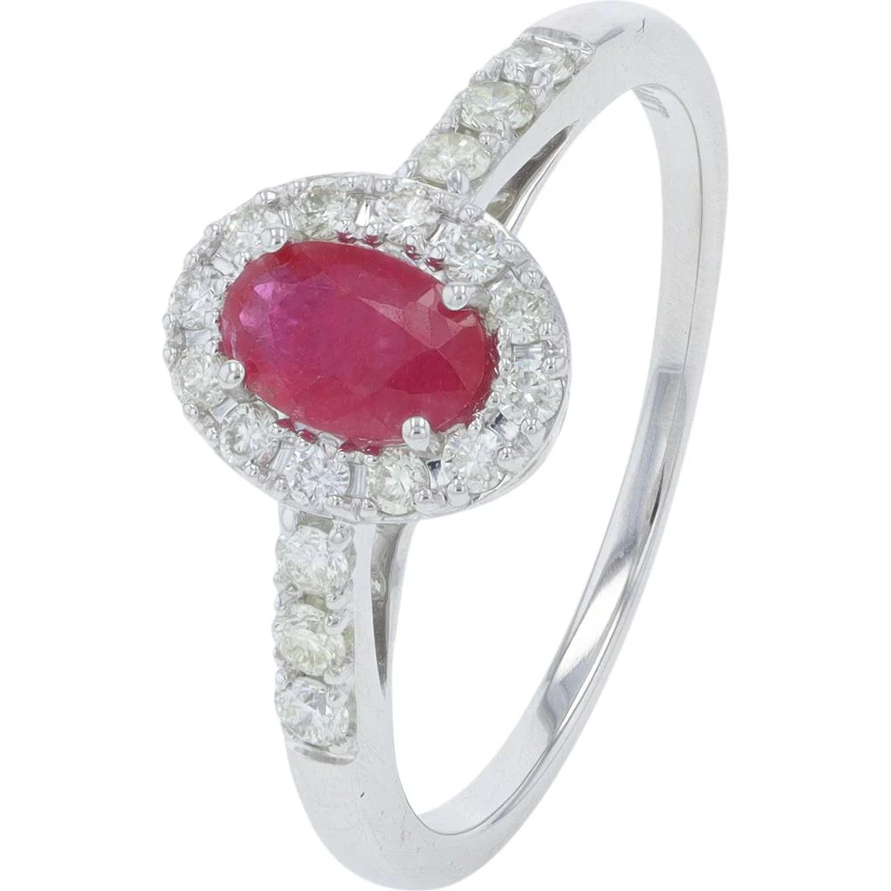 14K White Gold 0.55 Carat Oval Ruby Halo Ring with 0.30 Carat Diamond Accents