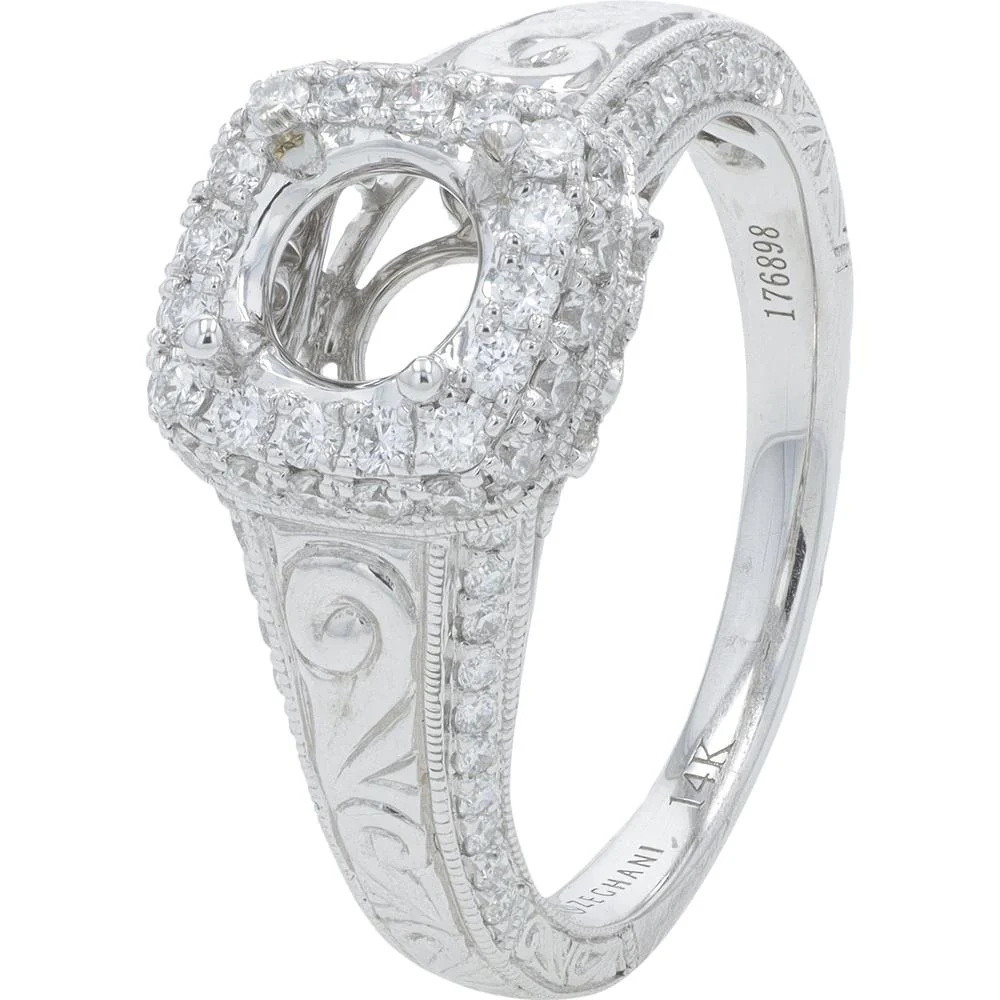 14K White Gold 0.60 Carat Diamond Semi - Mount Ring with Milgrain Halo and Engraved Band