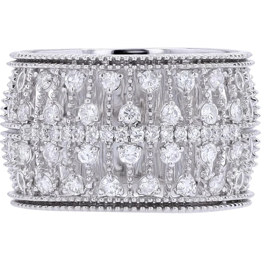 14K White Gold 0.60 Carat Total Diamond Wide Band Ring with Milgrain Detailing