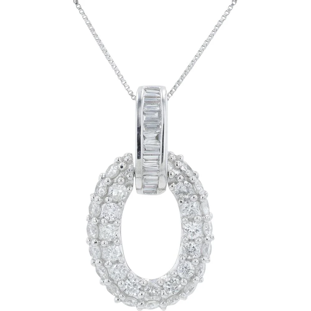 14K White Gold 0.63 Carat Diamond Oval Pendant with Baguette and Round Diamonds