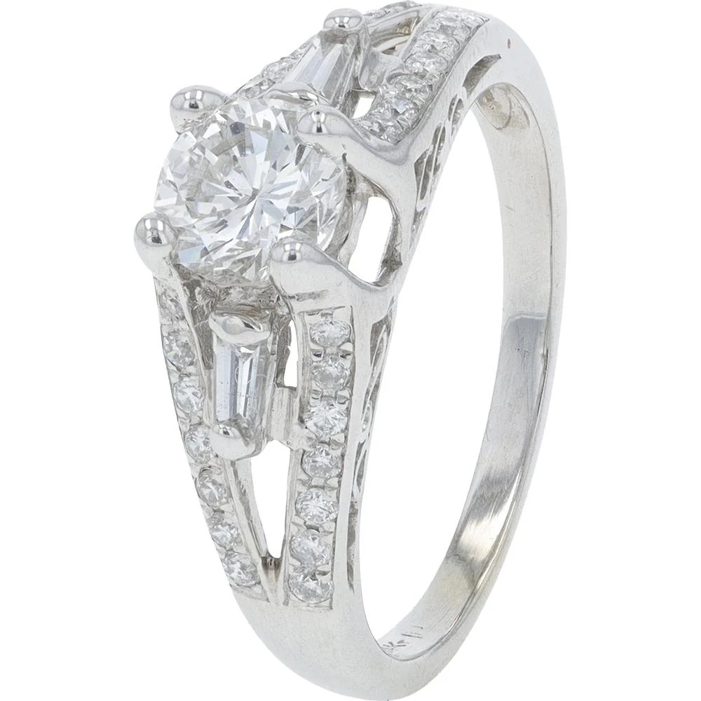14K White Gold 0.63 Carat Round Diamond Engagement Ring with Baguette and Round Accent Diamonds - 1.01 Carat Total Diamond Weight