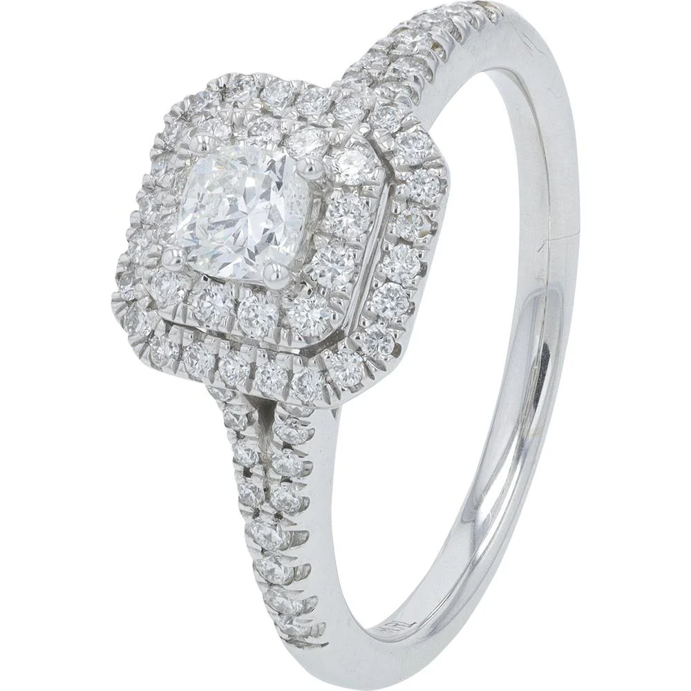 14K White Gold 0.63 Carat Total Weight Diamond Cushion Engagement Ring with Halo and Diamond - Accented Band