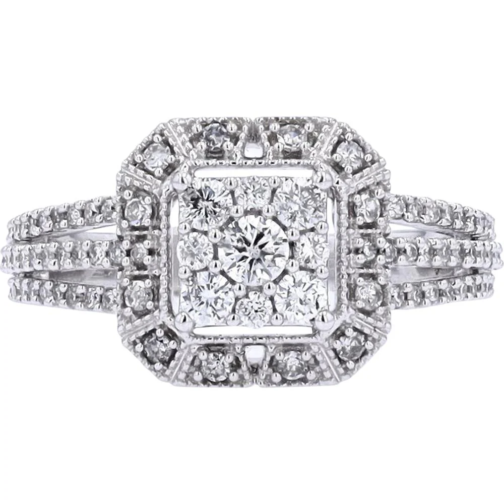 14K White Gold 0.70 Carat Diamond Halo Ring with Milgrain Edge and Prong Setting