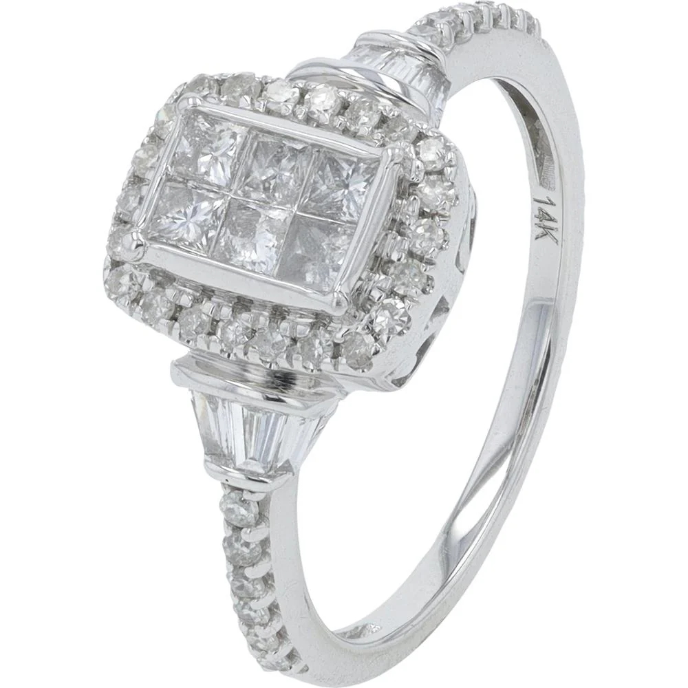 14K White Gold 0.75 Carat Diamond Engagement Ring with Princess Cut and Halo Accents