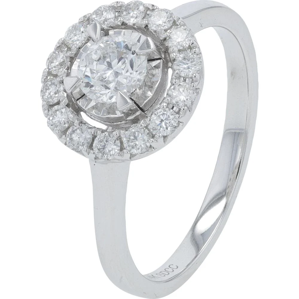 14K White Gold 0.75 Carat Diamond Halo Engagement Ring with Round Brilliant Diamonds - 0.75 Carat Total Diamond Weight