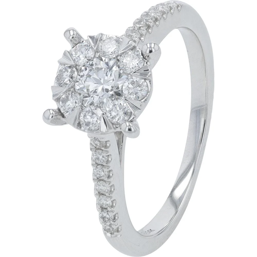 14K White Gold 0.75 Carat Round Diamond Halo Engagement Ring with Pavé Accent Diamonds