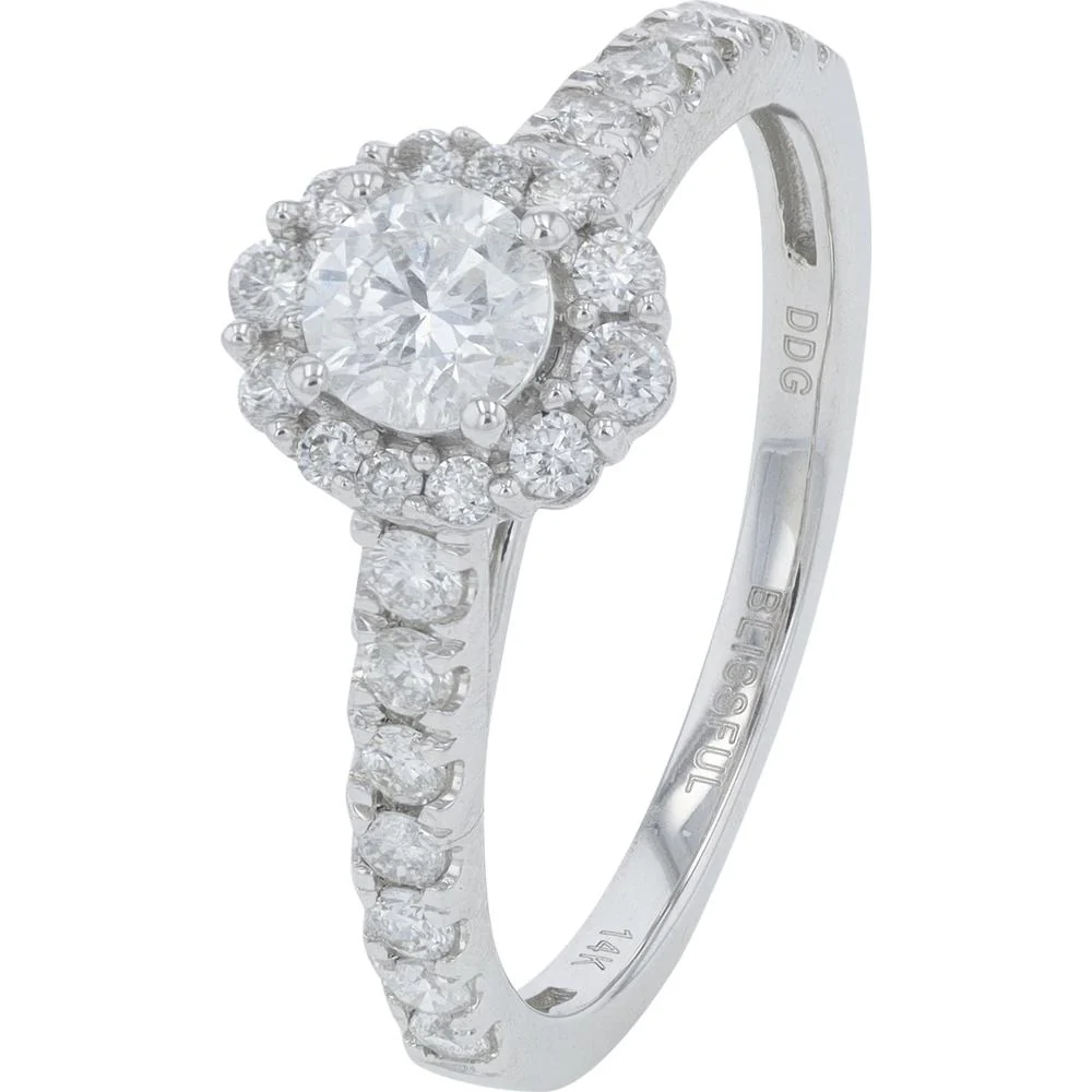 14K White Gold 0.75 Carat Total Weight Round Diamond Halo Engagement Ring with Accent Diamonds