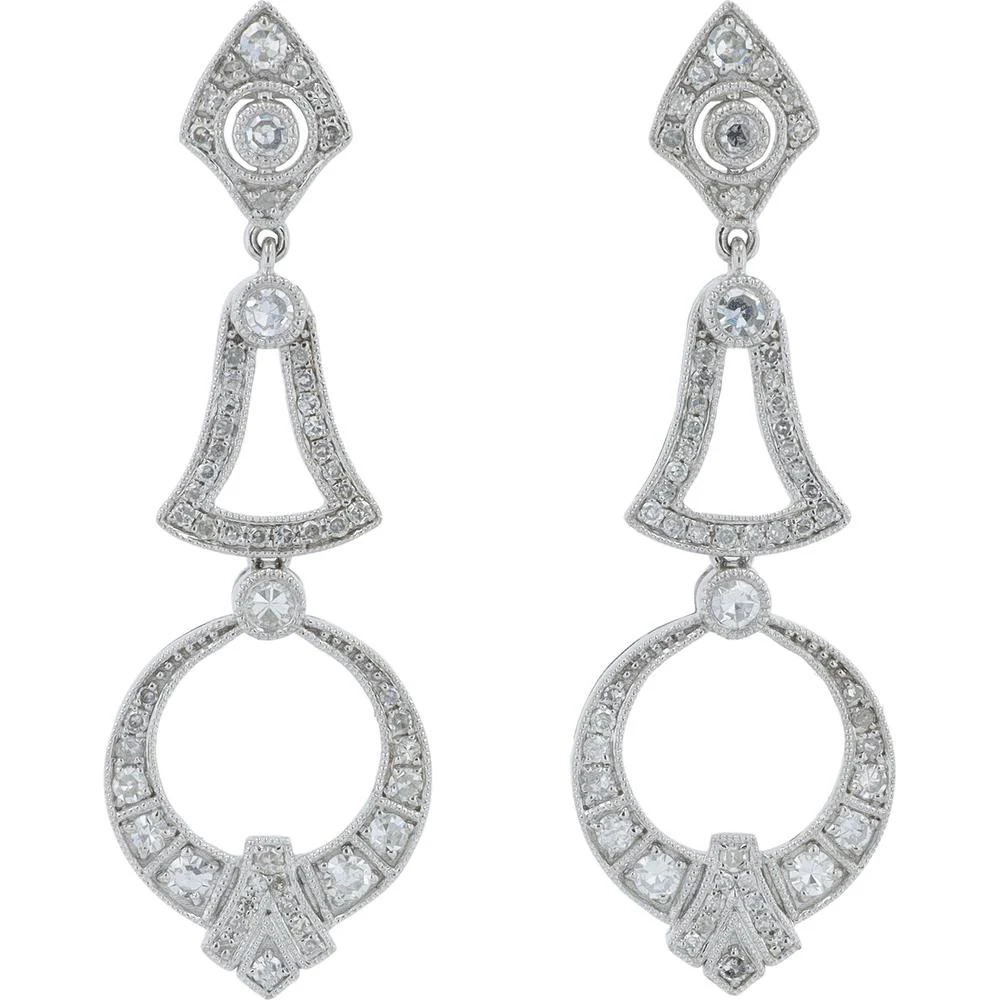 14K White Gold 0.87 Carat Total Diamond Drop Earrings with Milgrain Detailing