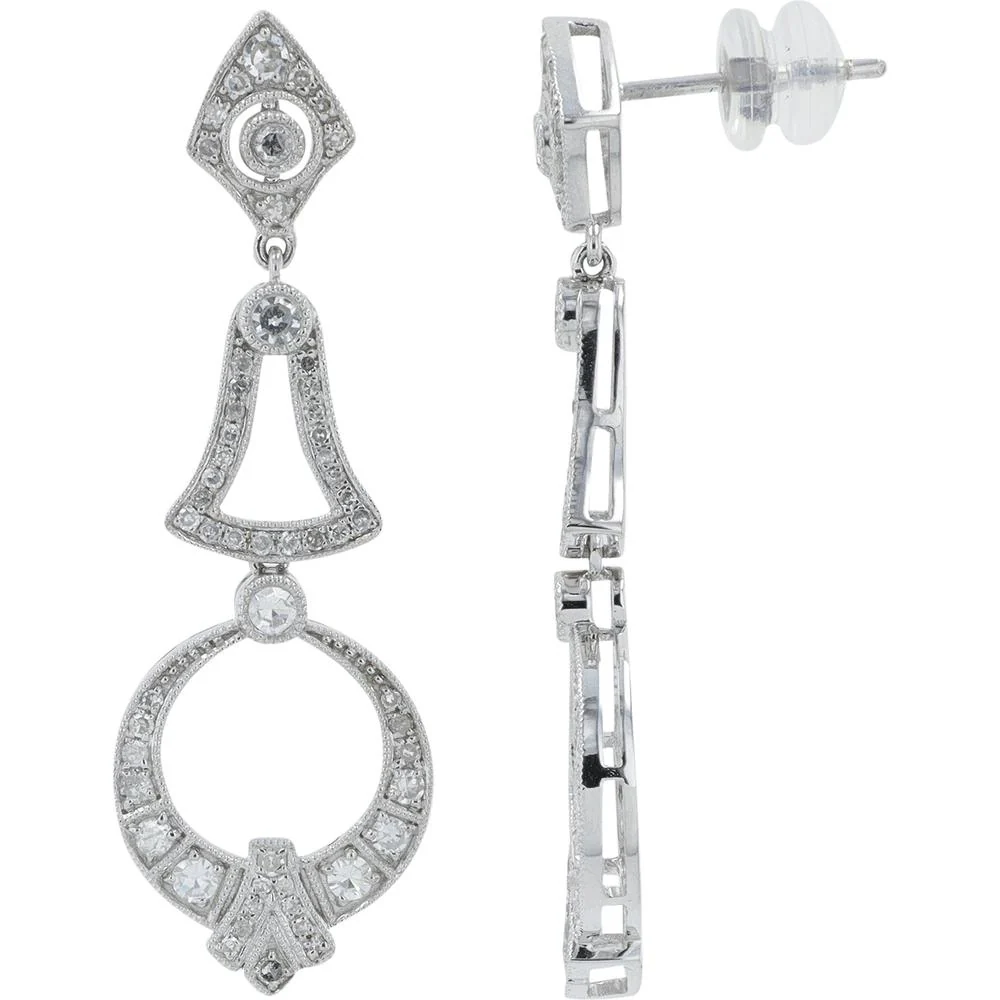14K White Gold 0.87 Carat Total Diamond Drop Earrings with Milgrain Detailing - Image 2
