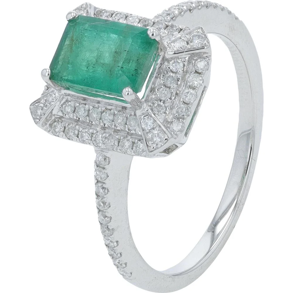 14K White Gold 0.90 Carat Emerald Center Ring with 0.33 Carat Diamond Halo