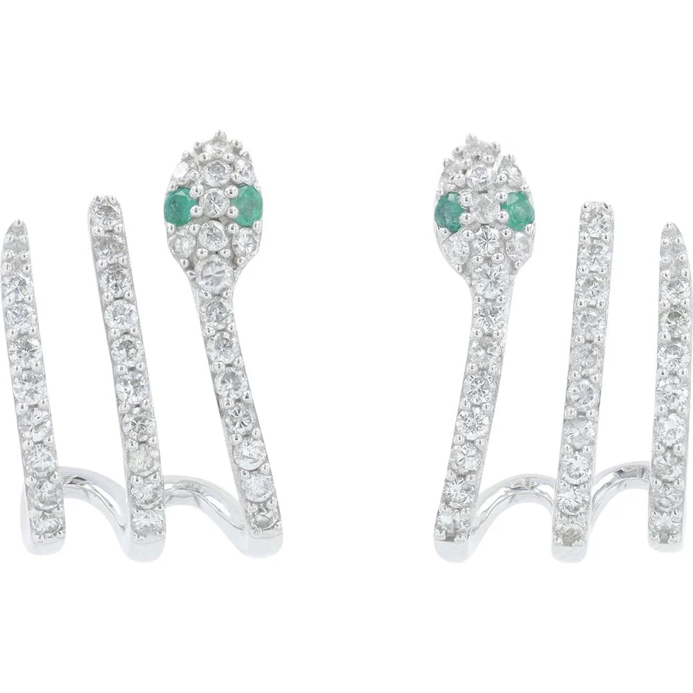 14K White Gold 0.90 Carat Total Diamond Snake Earrings with 0.06 Carat Emerald Eyes