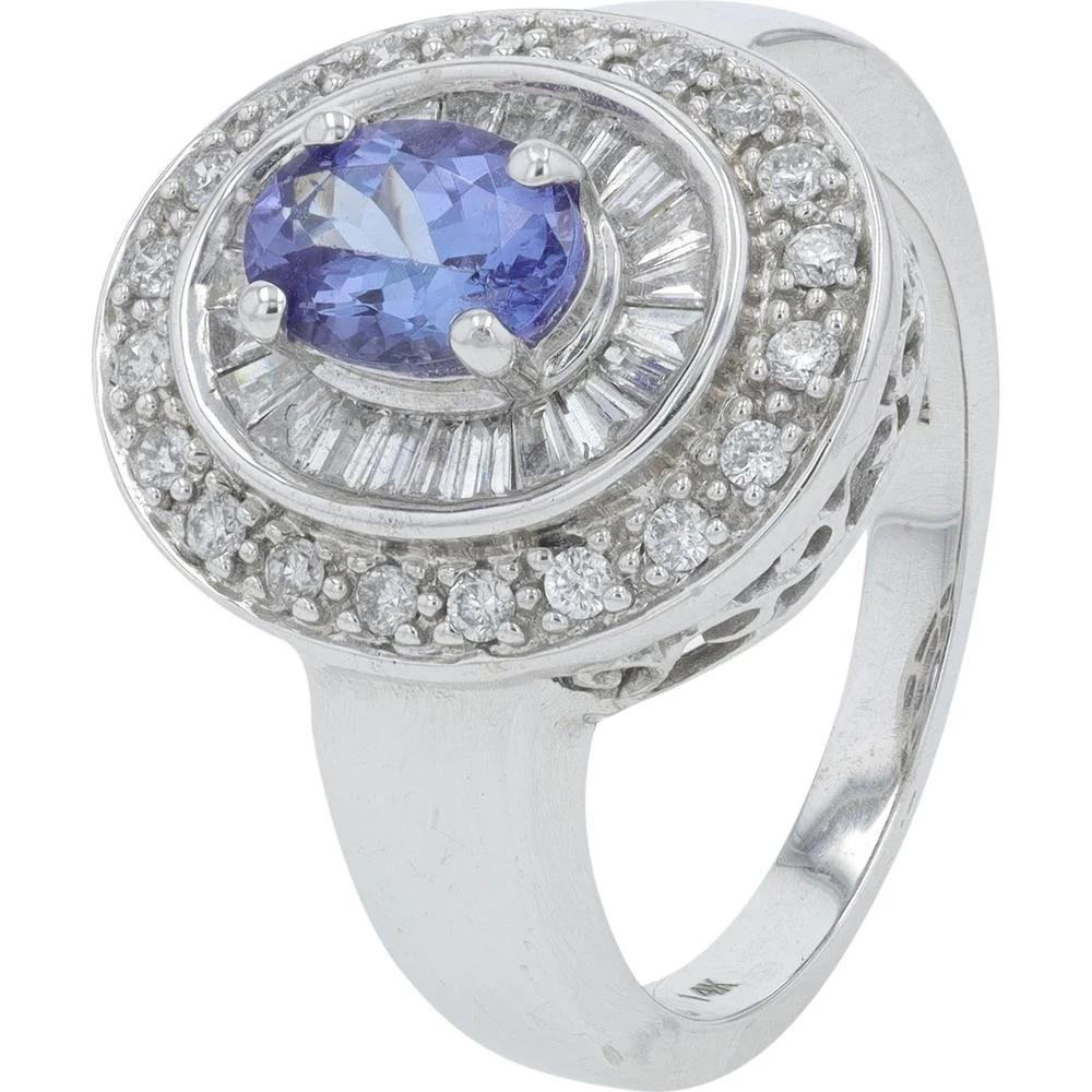 14K White Gold 0.93 Carat Oval Tanzanite Ring with 0.60 Carat Round and Baguette Diamond Halo