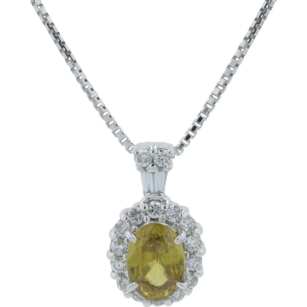 14K White Gold 0.98 Carat Oval Sphene Pendant with 0.27 Carat Diamond Halo - 18" Chain