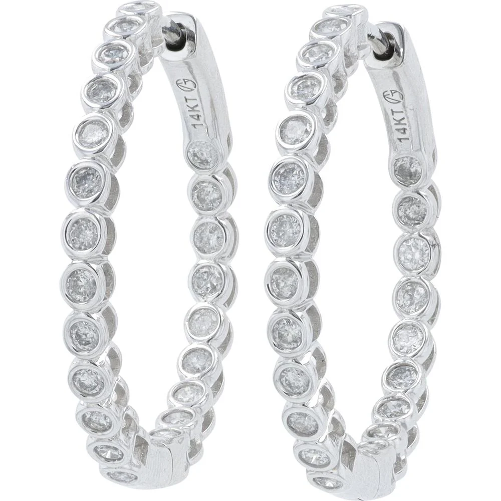 14K White Gold 1.00 Carat Diamond Inside - Out Hoop Earrings - 0.50 Carat per Earring