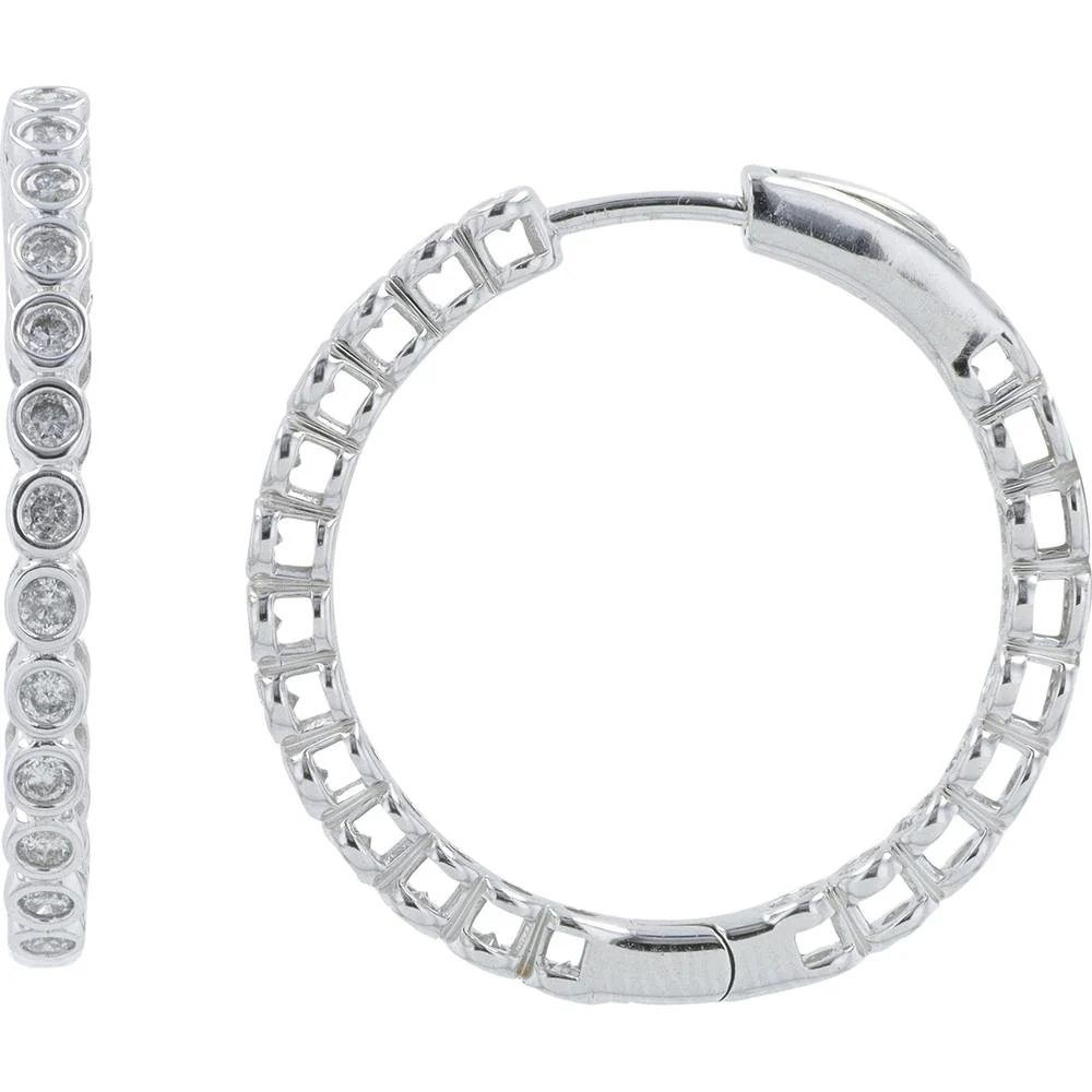 14K White Gold 1.00 Carat Diamond Inside - Out Hoop Earrings - 0.50 Carat per Earring - Image 2