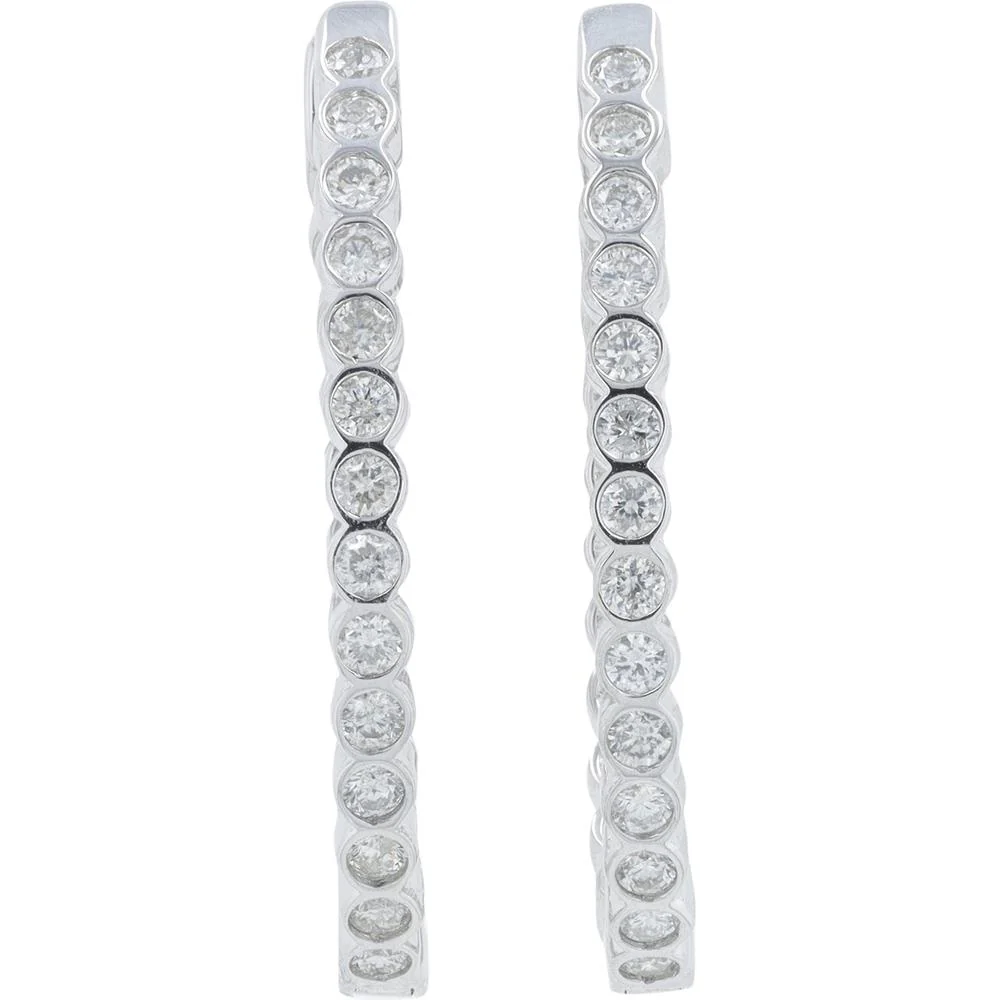 14K White Gold 1.00 Carat Diamond Inside - Out Hoop Earrings - Bezel Set