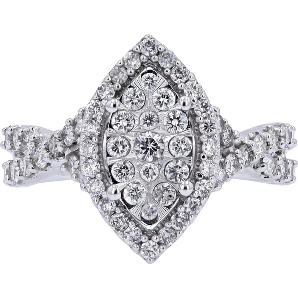 14K White Gold 1.00 Carat Diamond Marquise Cluster Ring with Halo Detailing