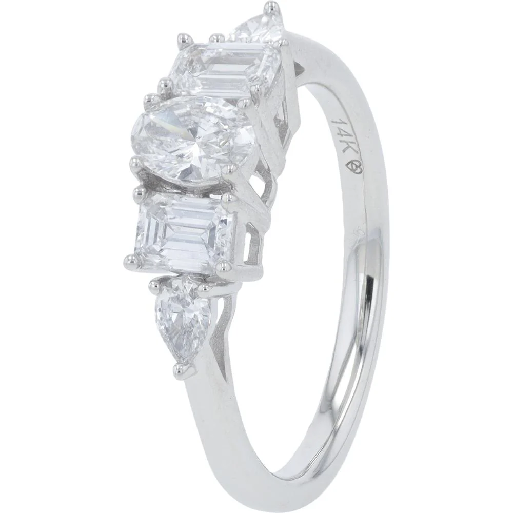 14K White Gold 1.00 Carat Lab Grown Diamond Three - Stone Engagement Ring with Baguette and Pear Accents