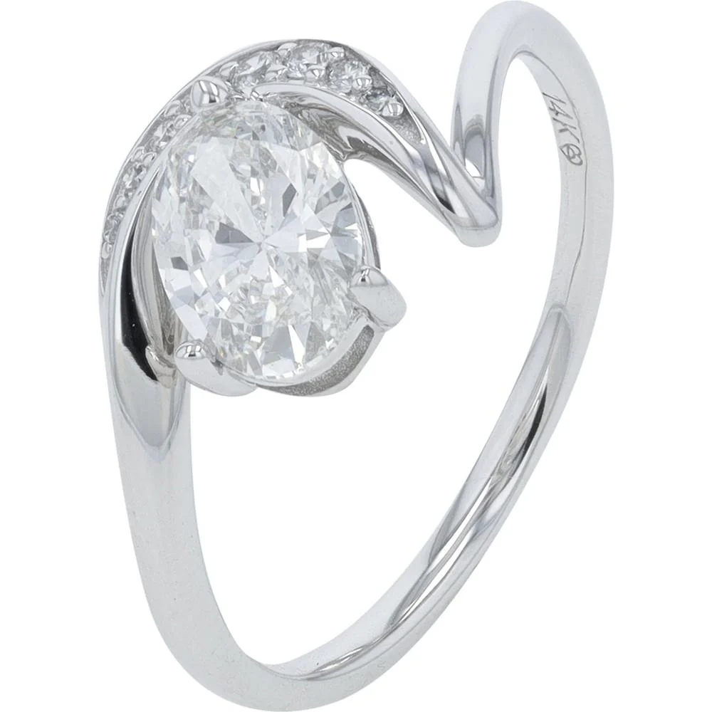 14K White Gold 1.00 Carat Lab Grown Oval Diamond Ring with Accent Diamonds