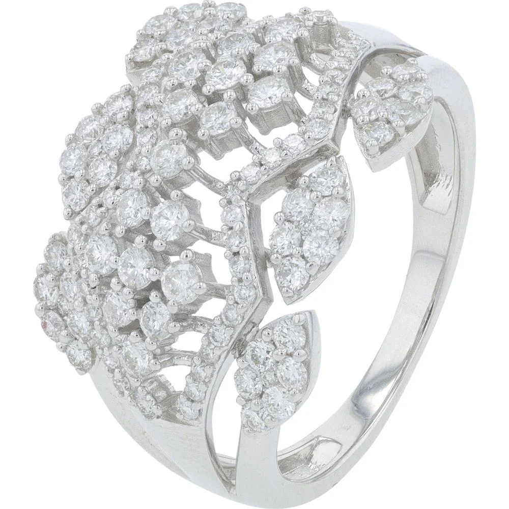 14K White Gold 1.00 Carat Total Diamond Cluster Ring with Nature - Inspired Design