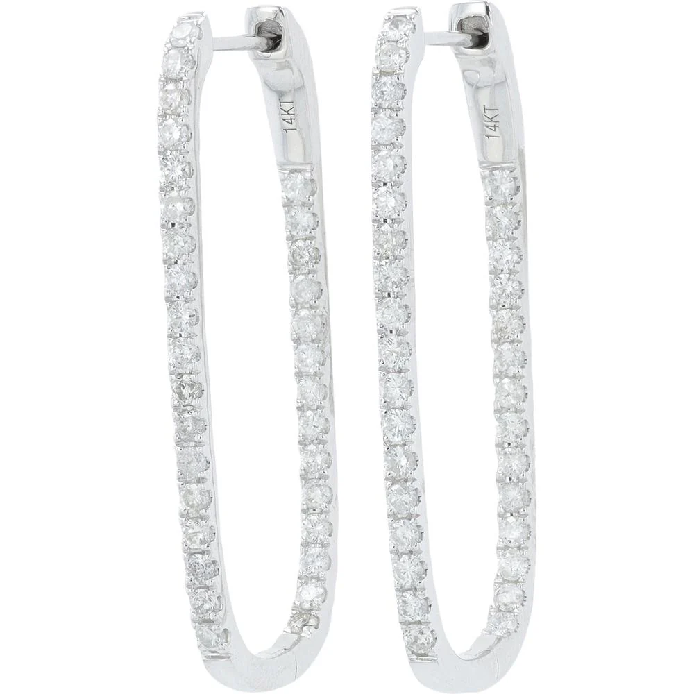 14K White Gold 1.00 Carat Total Diamond Inside - Out Oval Hoop Earrings - Round Brilliant Diamonds