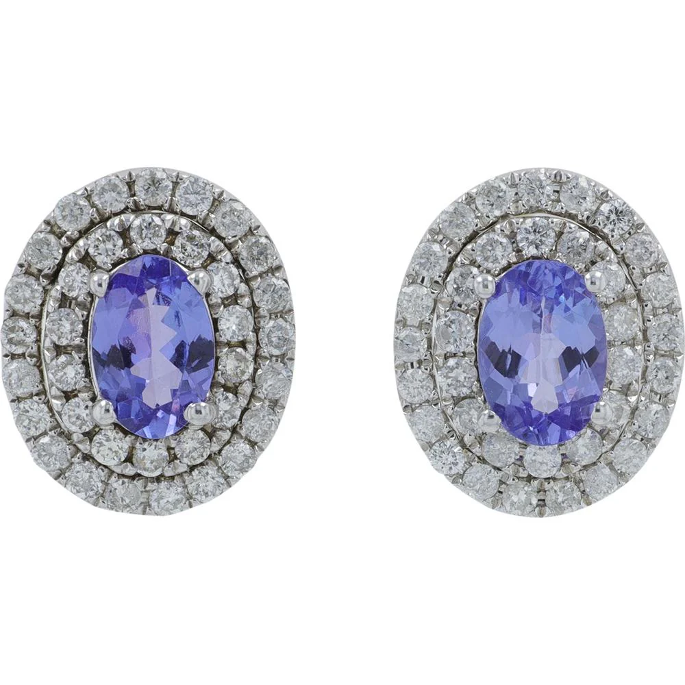 14K White Gold 1.00 Carat Total Tanzanite Oval Stud Earrings with 0.63 Carat Diamond Halo