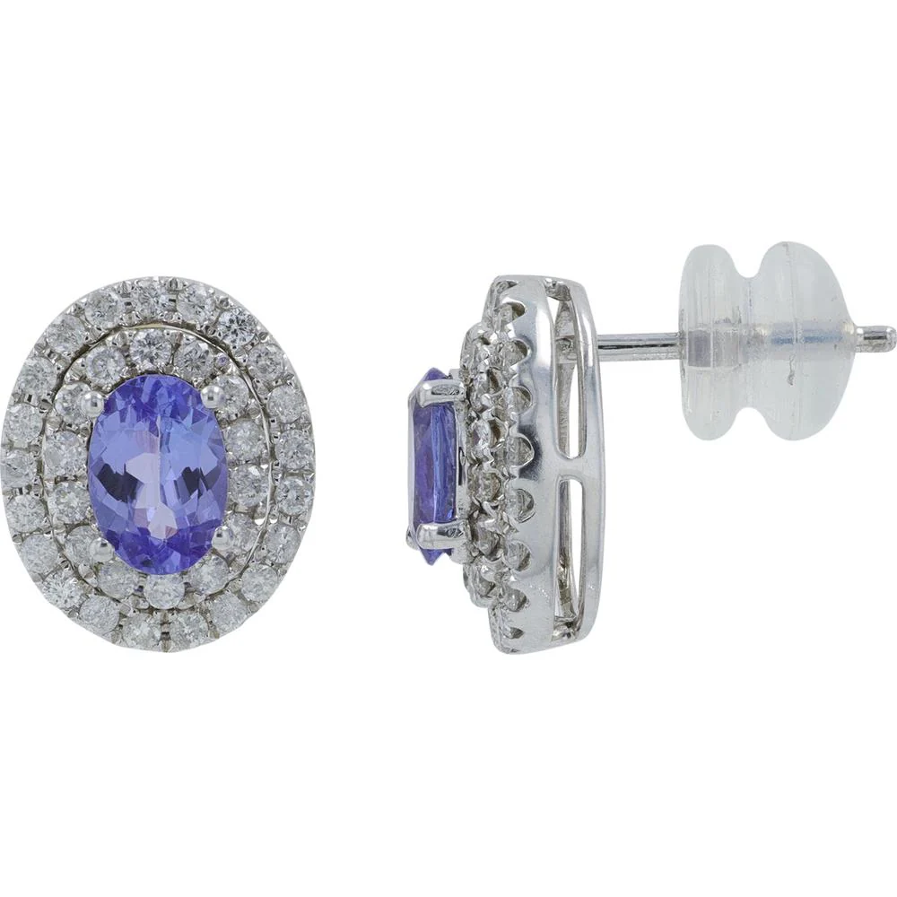 14K White Gold 1.00 Carat Total Tanzanite Oval Stud Earrings with 0.63 Carat Diamond Halo - Image 2