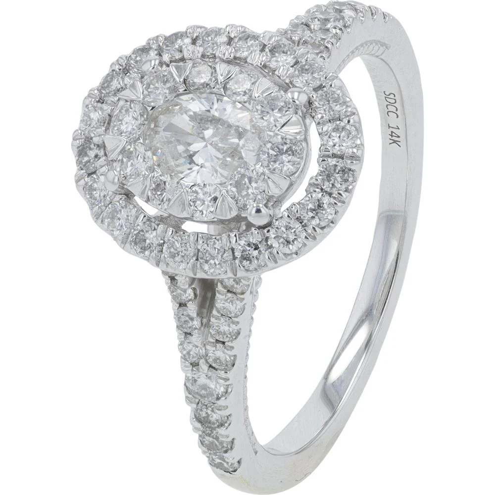 14K White Gold 1.00 Carat Total Weight Diamond Ring with Halo and Pave Accents - 0.33 Carat Center Diamond