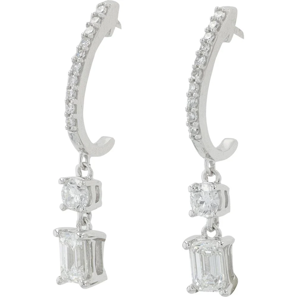 14K White Gold 1.00 Carat Total Weight Lab Grown Diamond J - Hoop Earrings with Round and Emerald Cut Stones