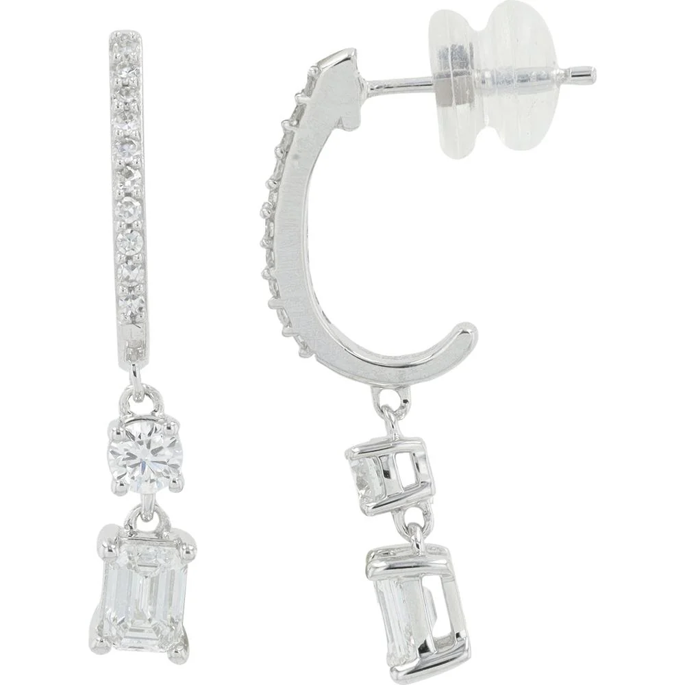 14K White Gold 1.00 Carat Total Weight Lab Grown Diamond J - Hoop Earrings with Round and Emerald Cut Stones - Image 2