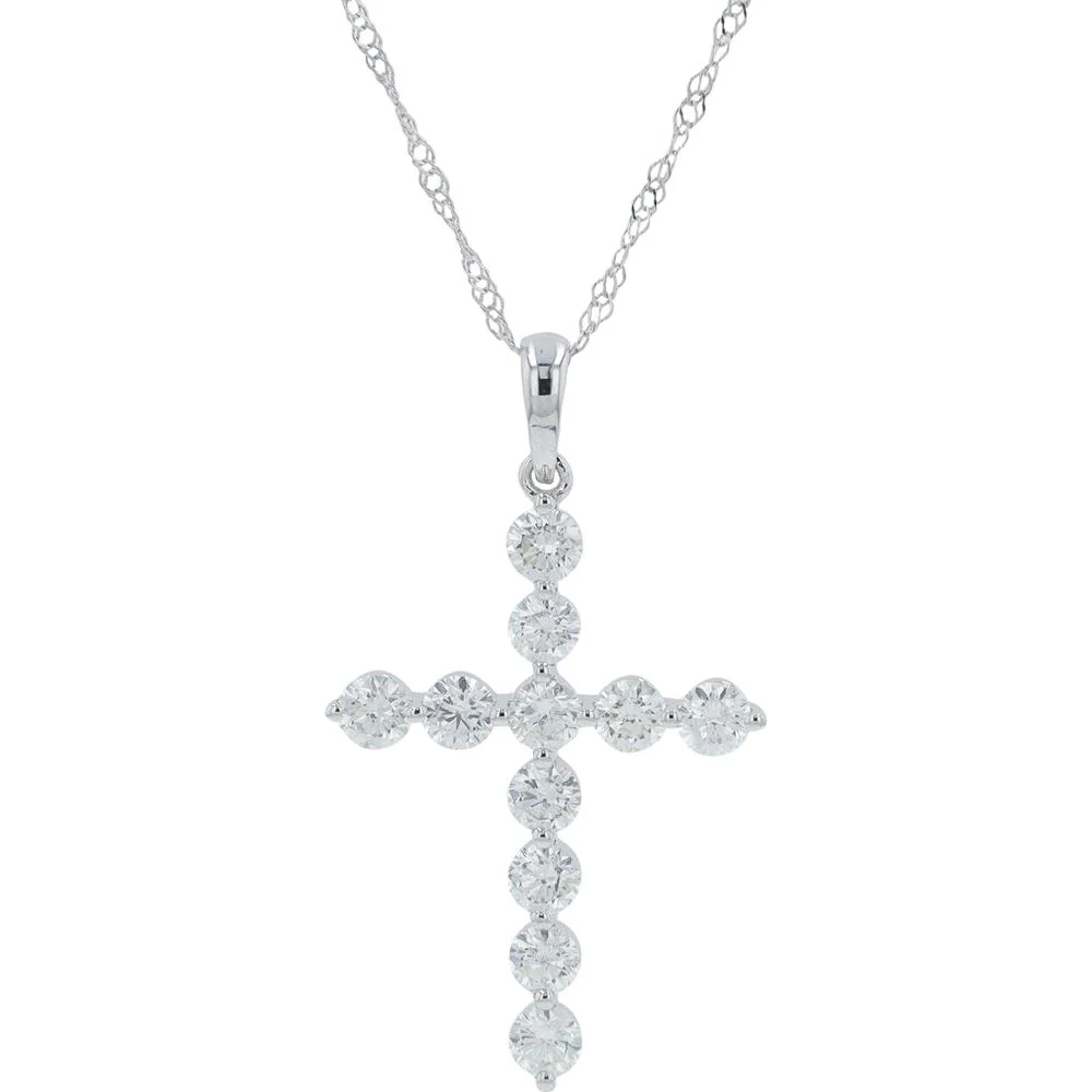 14K White Gold 1.00 Carat Total Weight Prong - Set Round Diamond Cross Pendant