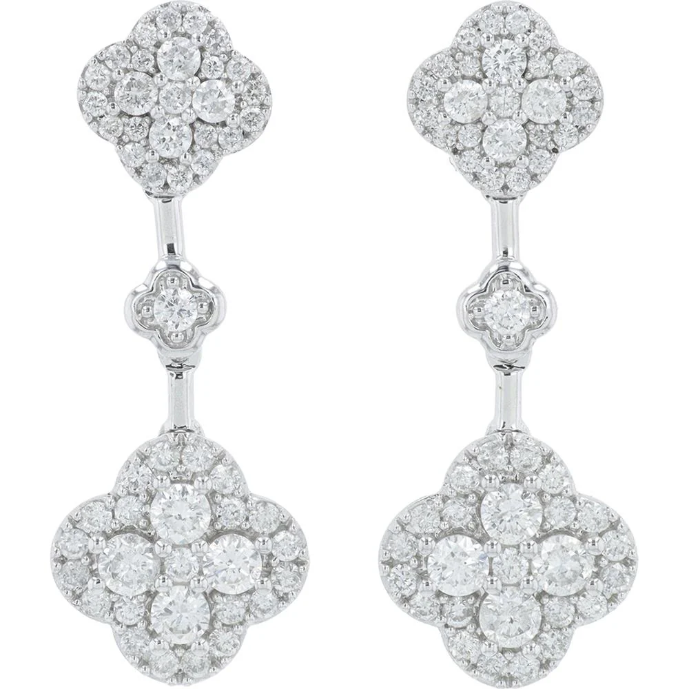 14K White Gold 1.10 Carat Total Diamond Drop Earrings with Cluster Design