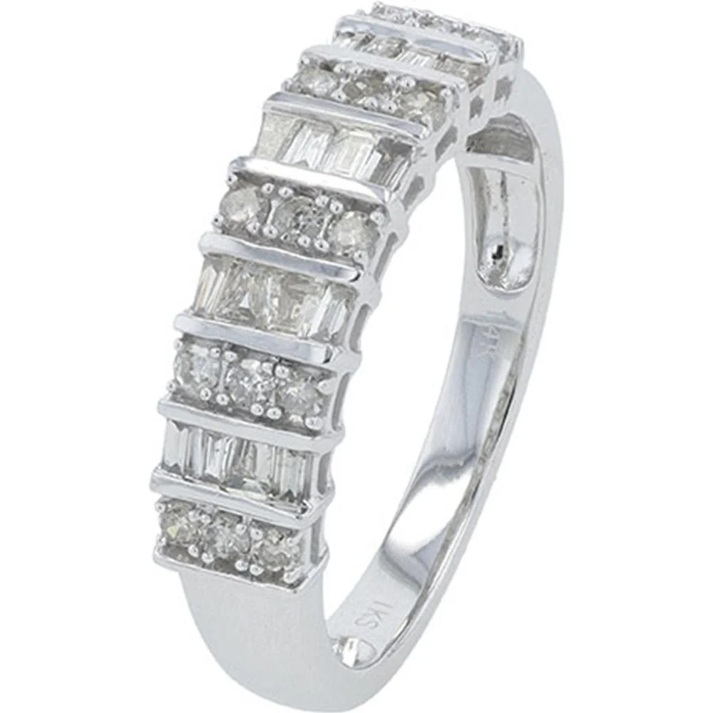 14K White Gold 1/2 Carat Diamond Band with Alternating Round and Baguette Diamonds