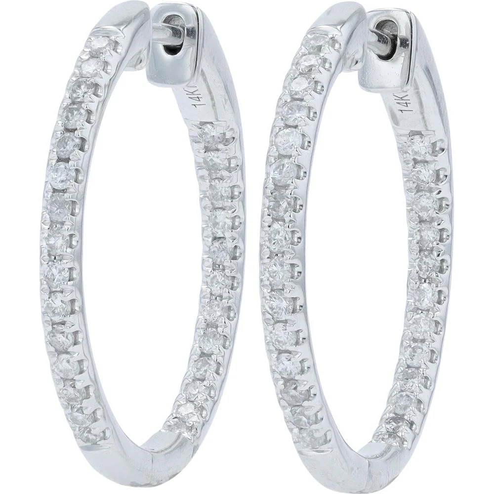 14K White Gold 1/2 Carat Total Diamond Inside - Out Medium Hoop Earrings - Image 2
