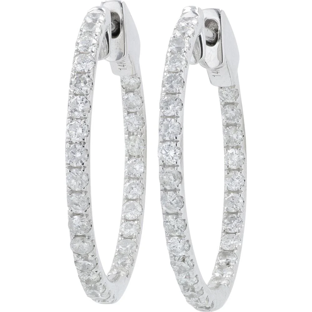 14K White Gold 1.30 Carat Diamond Inside - Out Hoop Earrings - 1" Diameter