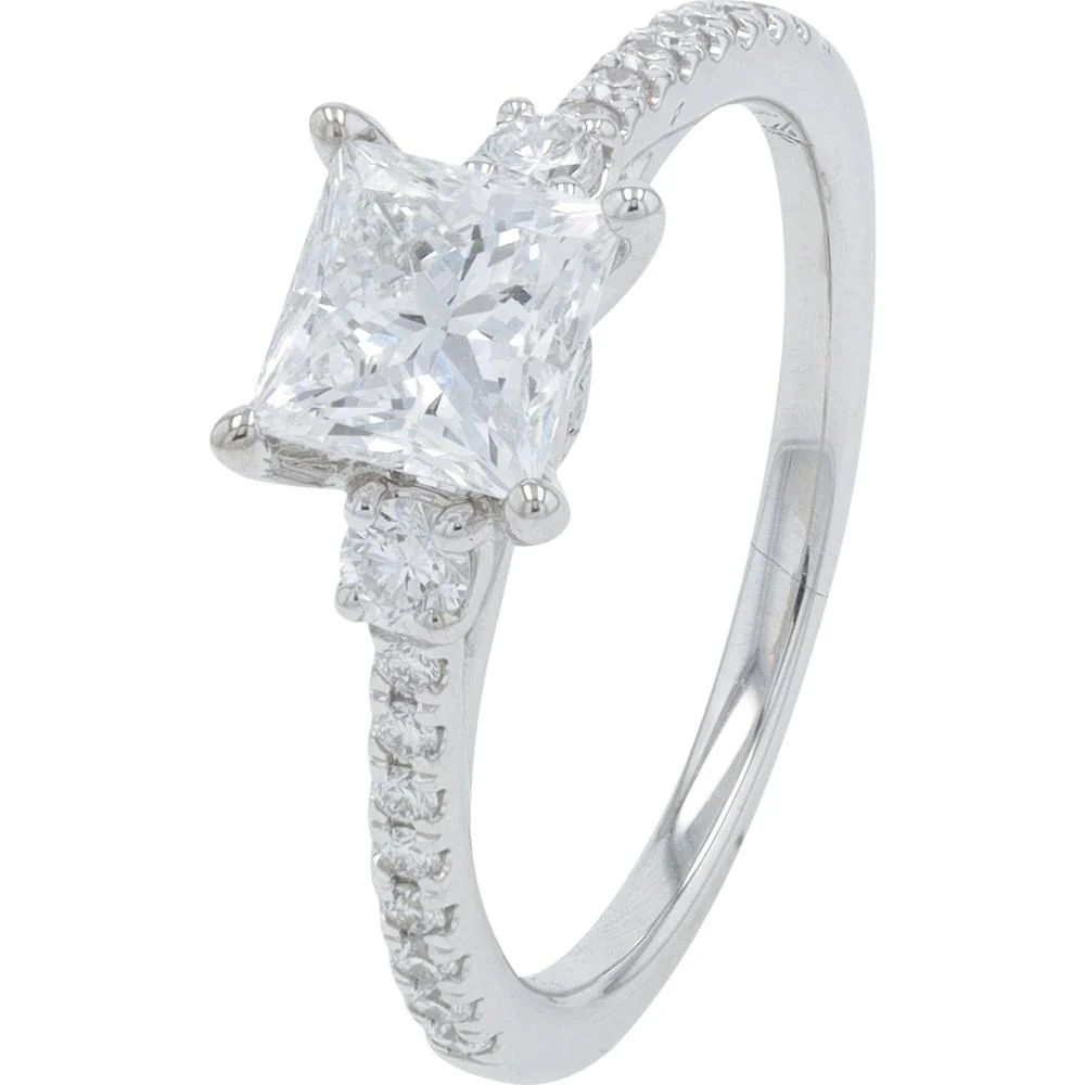 14K White Gold 1.314 Carat Total Weight Lab Grown Diamond Engagement Ring with Princess Cut Center Stone and Round Diamond Accents