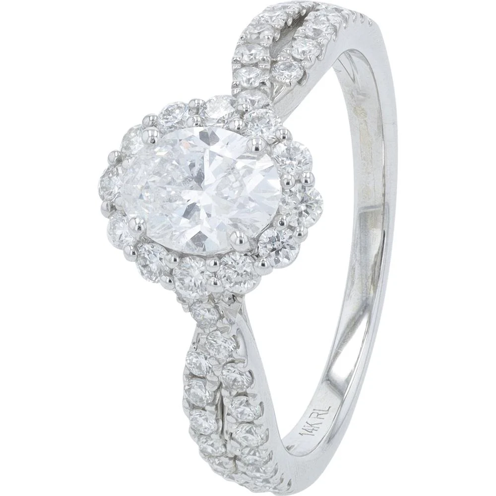 14K White Gold 1.35 Carat Total Weight Oval Diamond Halo Engagement Ring with Split Shank