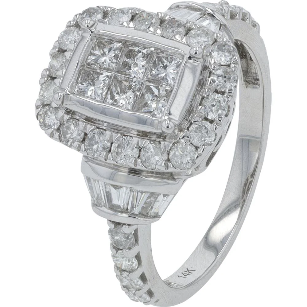 14K White Gold 1.50 Carat Diamond Bypass Ring with Halo and Baguette Accents