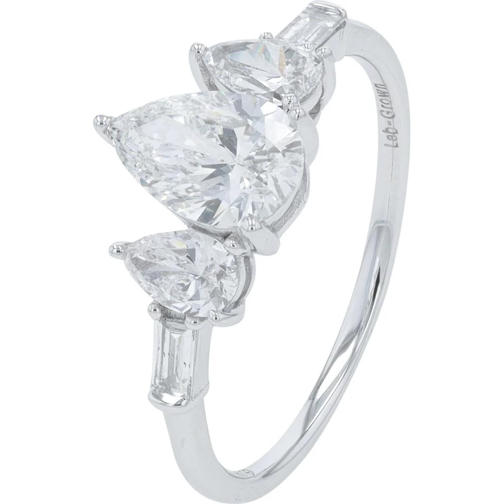 14K White Gold 1.50 Carat Lab Grown Diamond Engagement Ring with Pear and Baguette Accents