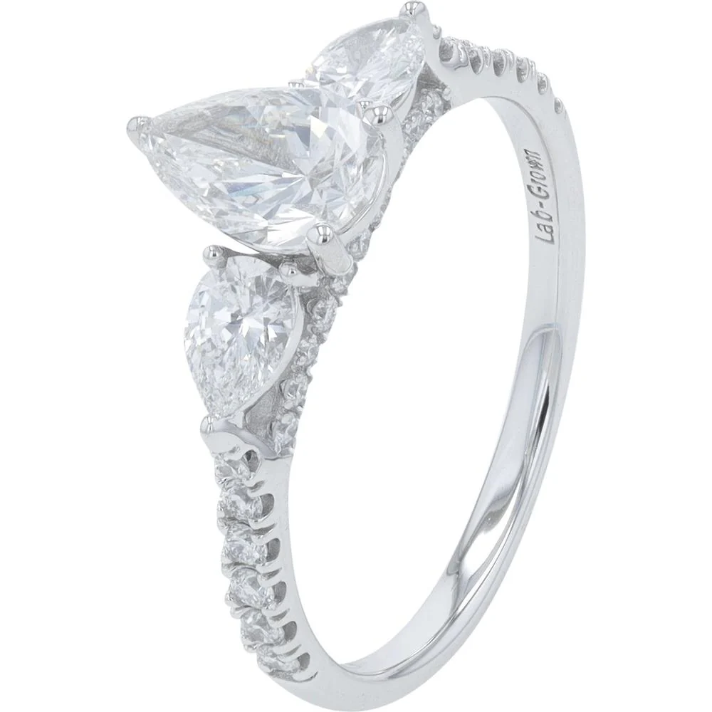14K White Gold 1.50 Carat Lab Grown Diamond Engagement Ring with Pear Shaped Diamonds and Milgrain Detail