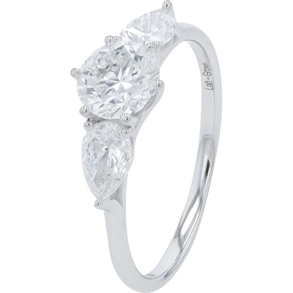 14K White Gold 1.50 Carat Lab Grown Diamond Engagement Ring with Pear - Shaped Side Diamonds