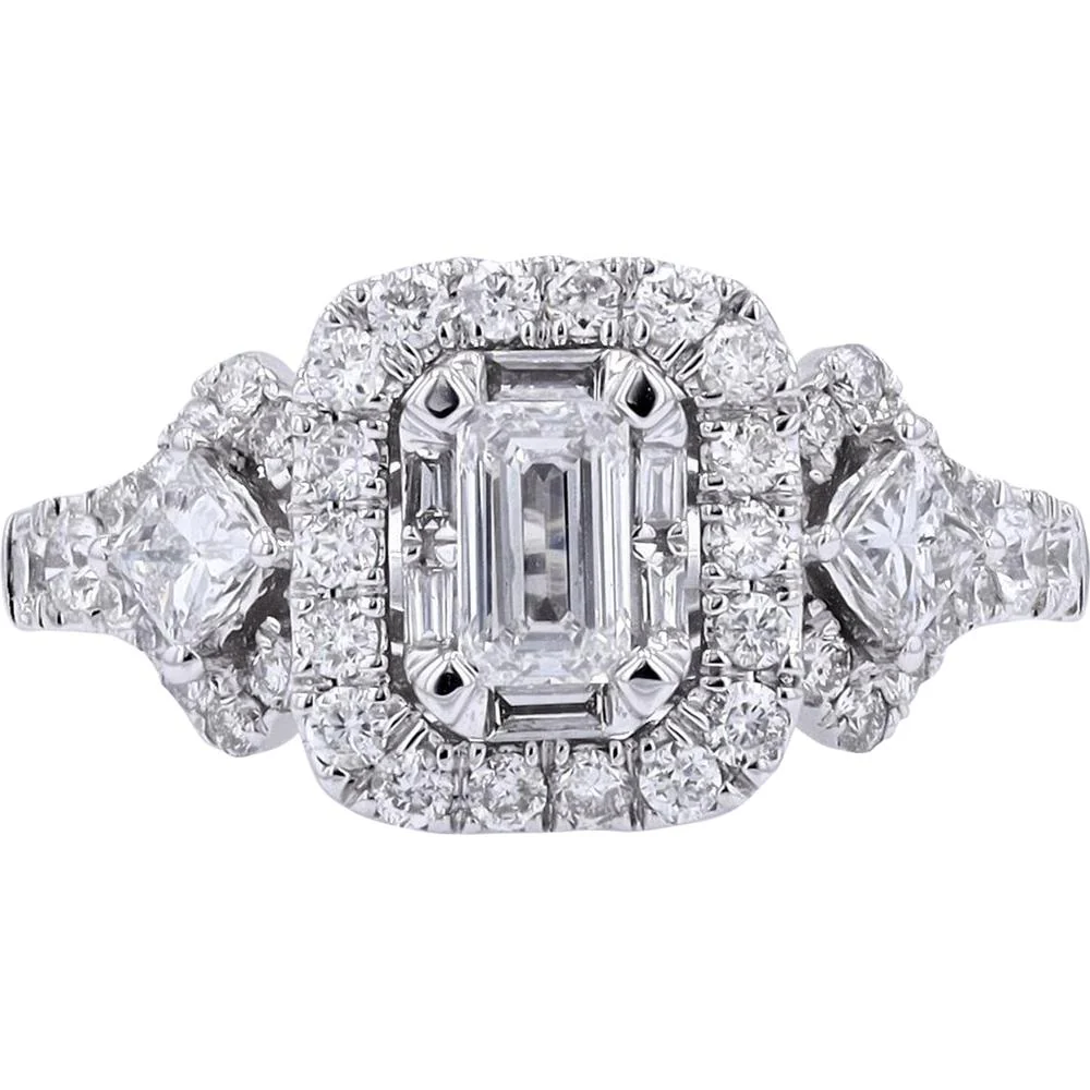 14K White Gold 1.50 Carat Total Diamond Engagement Ring with Emerald Cut Center and Halo of Round Brilliants