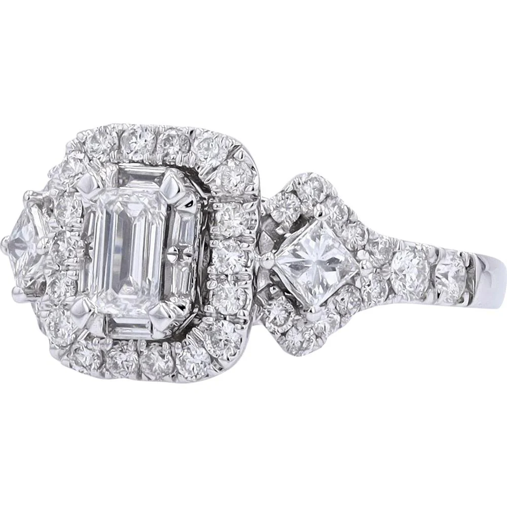 14K White Gold 1.50 Carat Total Diamond Engagement Ring with Emerald Cut Center and Halo of Round Brilliants - Image 2