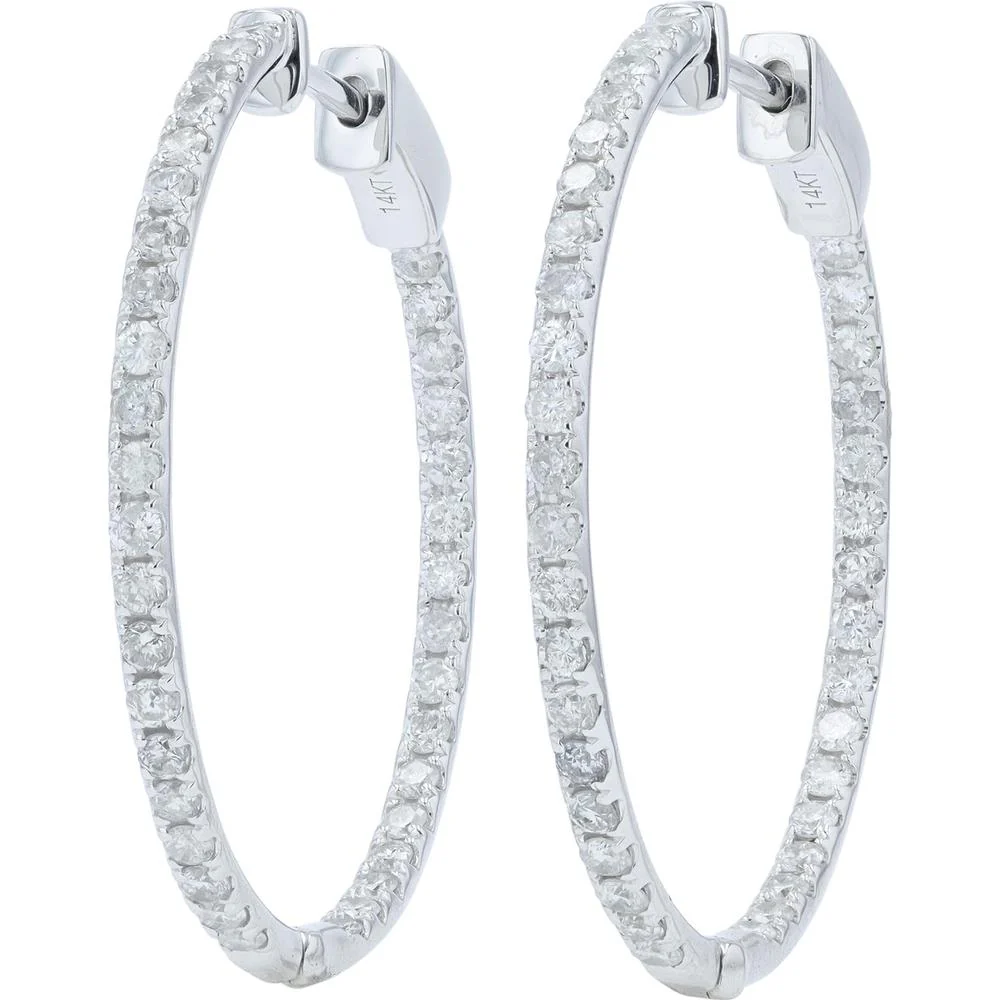 14K White Gold 1.50 Carat Total Diamond Inside - Out Hoop Earrings - Prong Set