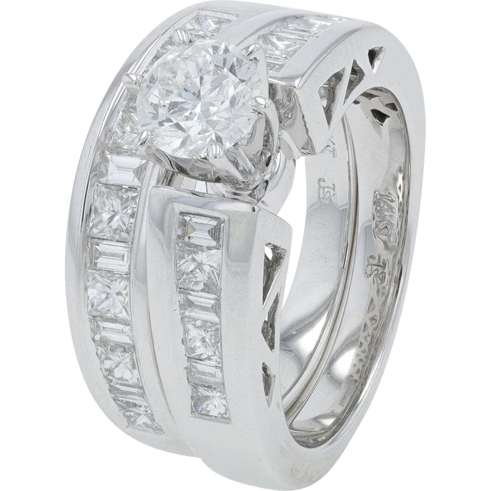 14K White Gold 1.50 Carat Total Weight Diamond Bridal Set with Round, Baguette, and Princess - Cut Diamonds