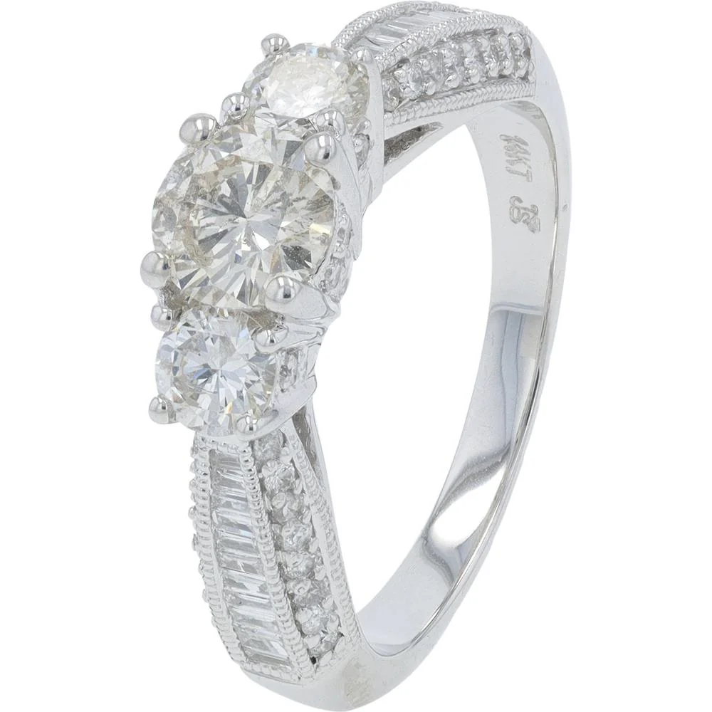 14K White Gold 1.50 Carat Total Weight Three - Stone Diamond Ring with Pavé and Milgrain Detail
