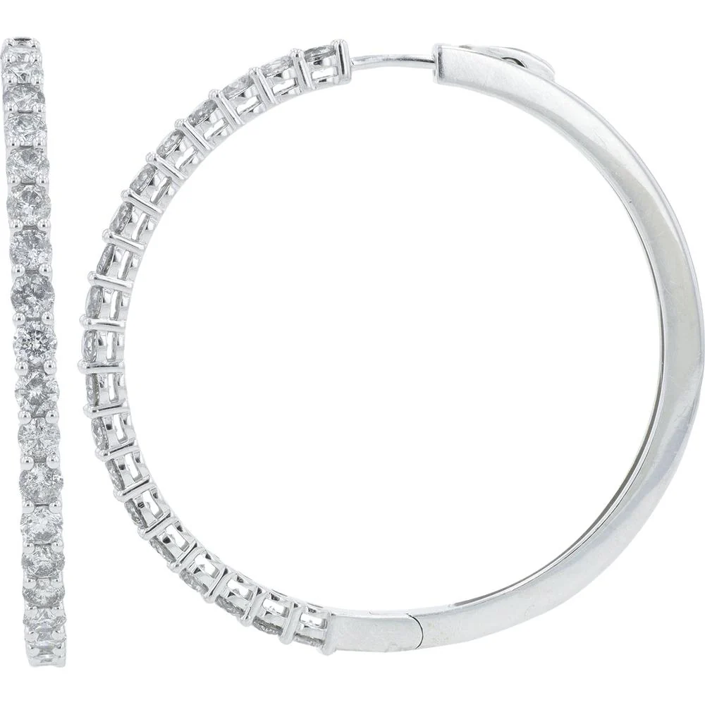 14K White Gold 1.50" Diamond Hoop Earrings - 3.00 Carat Total Diamond Weight