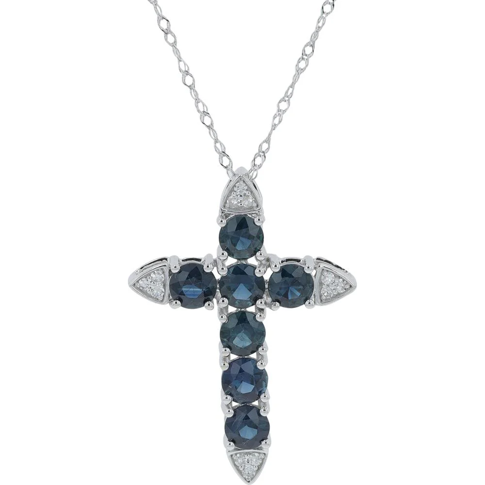 14K White Gold 1.60 Carat Sapphire Cross Pendant with 0.05 Carat Diamond Accents