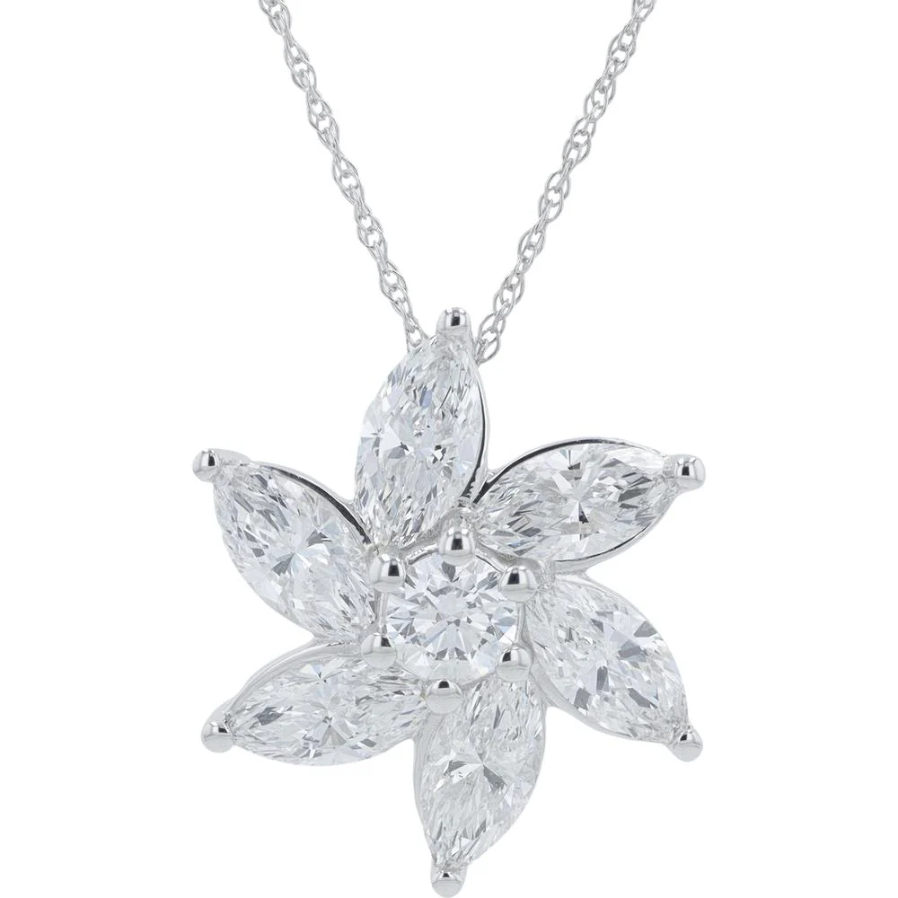 14K White Gold 1.75 Carat Total Weight Lab Grown Diamond Flower Pendant with Marquise and Round Diamonds